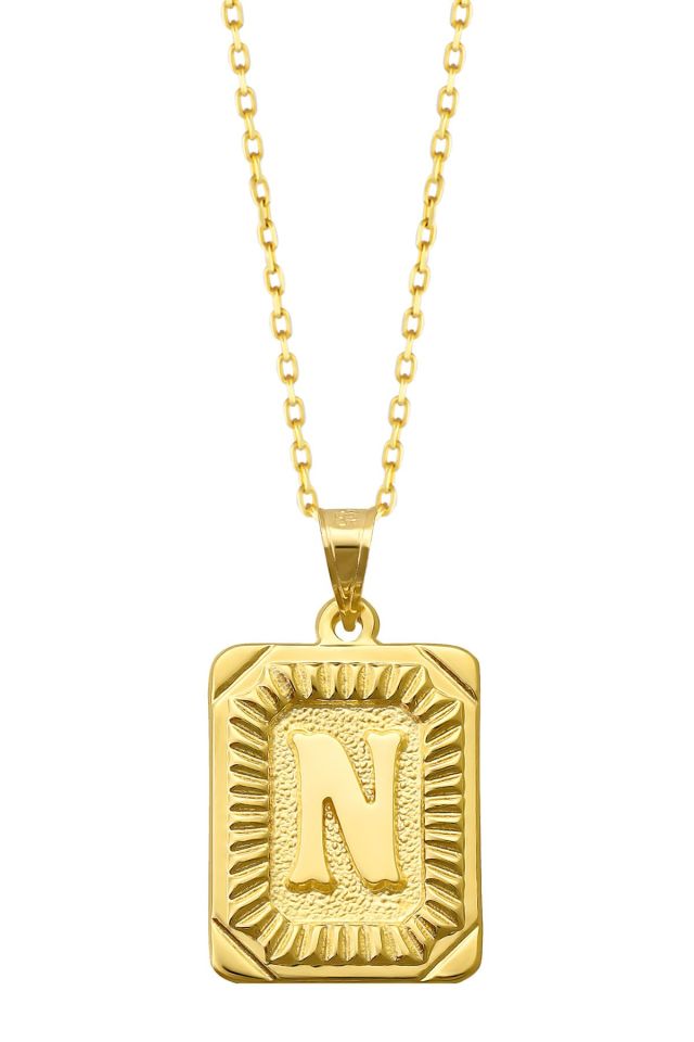 Moom Mücevherat Kadın 14 Ayar Altın Kare Harf Kolye A & Z Harfi Altın Kolye Zincirli Harf Kolye 42 Cm N