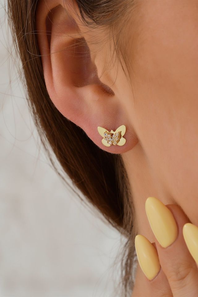 14 Ayar Altın Taşlı Kelebek Küpe