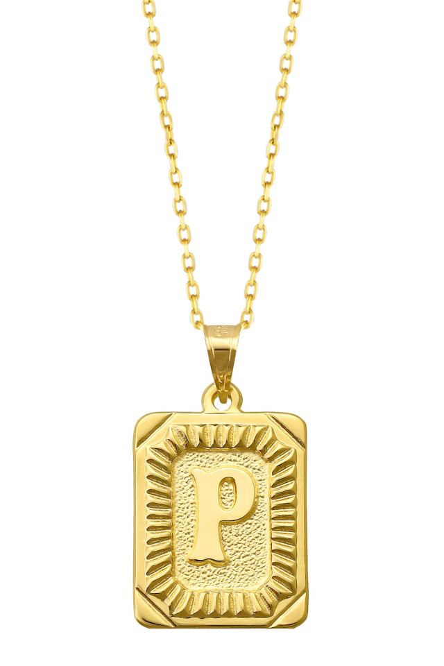 Moom Mücevherat Kadın 14 Ayar Altın Kare Harf Kolye A & Z Harfi Altın Kolye Zincirli Harf Kolye 42 Cm P