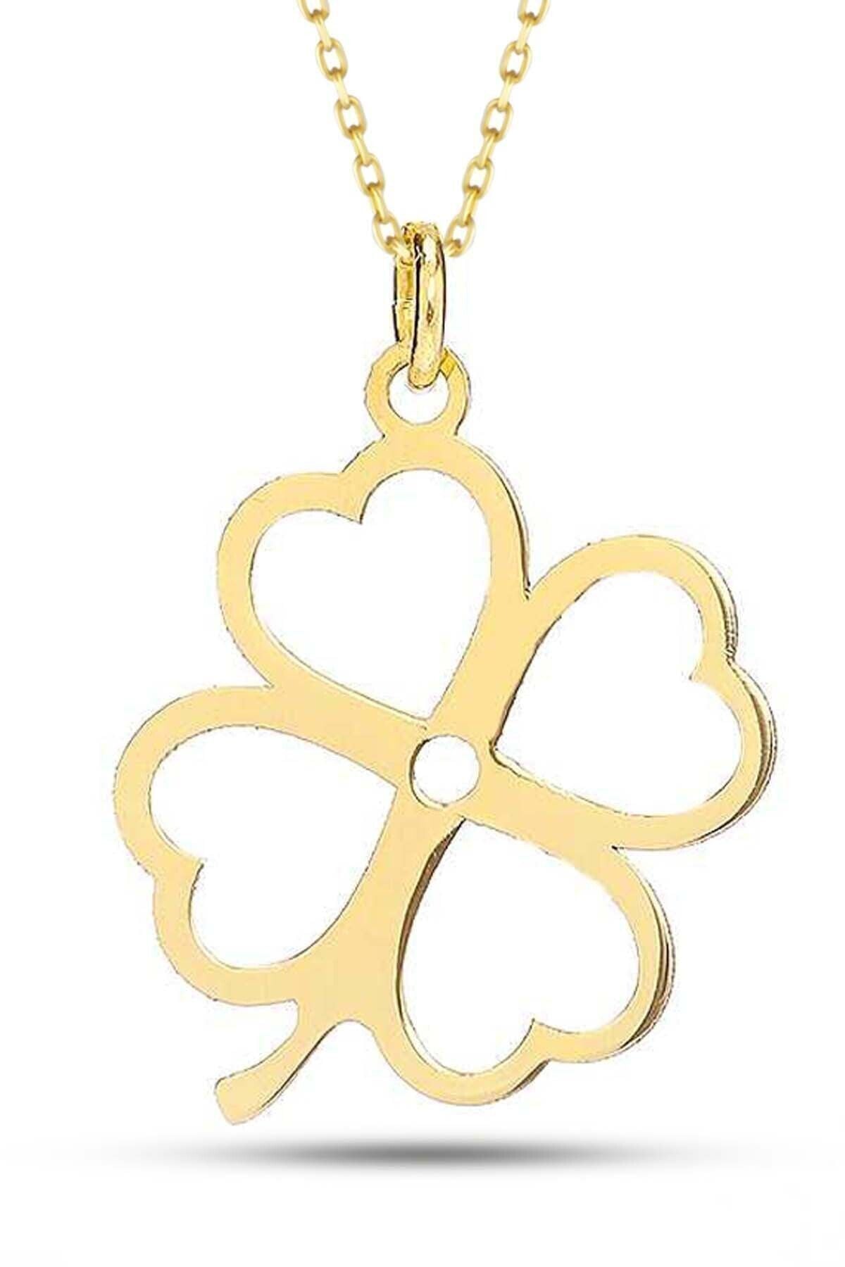 Kadın Altın Kalpli Yonca Kolye 14 Ayar