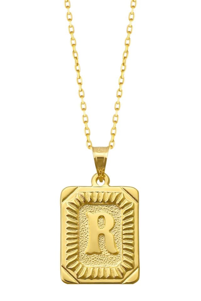 Moom Mücevherat Kadın 14 Ayar Altın Kare Harf Kolye A & Z Harfi Altın Kolye Zincirli Harf Kolye 42 Cm R