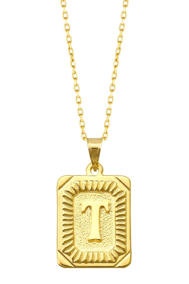 Moom Mücevherat Kadın 14 Ayar Altın Kare Harf Kolye A & Z Harfi Altın Kolye Zincirli Harf Kolye 42 Cm T