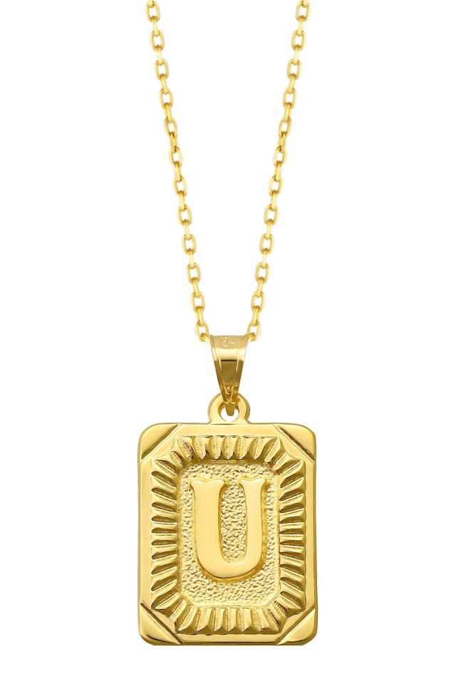 Moom Mücevherat Kadın 14 Ayar Altın Kare Harf Kolye A & Z Harfi Altın Kolye Zincirli Harf Kolye 42 Cm U