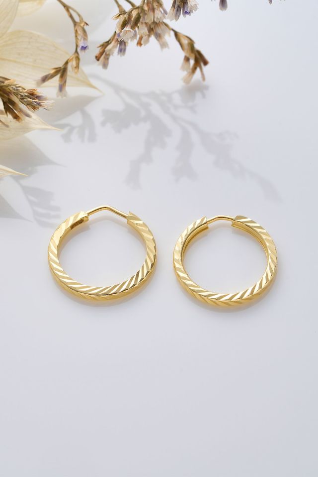 14 Ayar Altın Desenli Gizli Kilit Halka Küpe