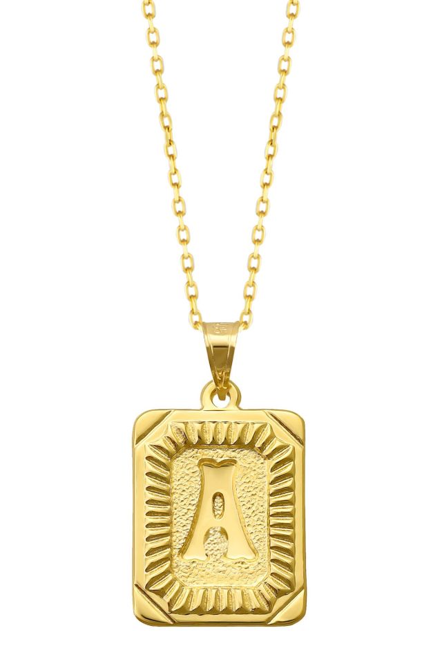 Moom Mücevherat Kadın 14 Ayar Altın Kare Harf Kolye A & Z Harfi Altın Kolye Zincirli Harf Kolye 42 Cm A