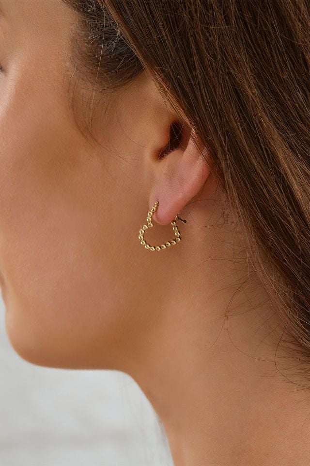 14 Ayar Altın Parlak Toplu Kalp Küpe