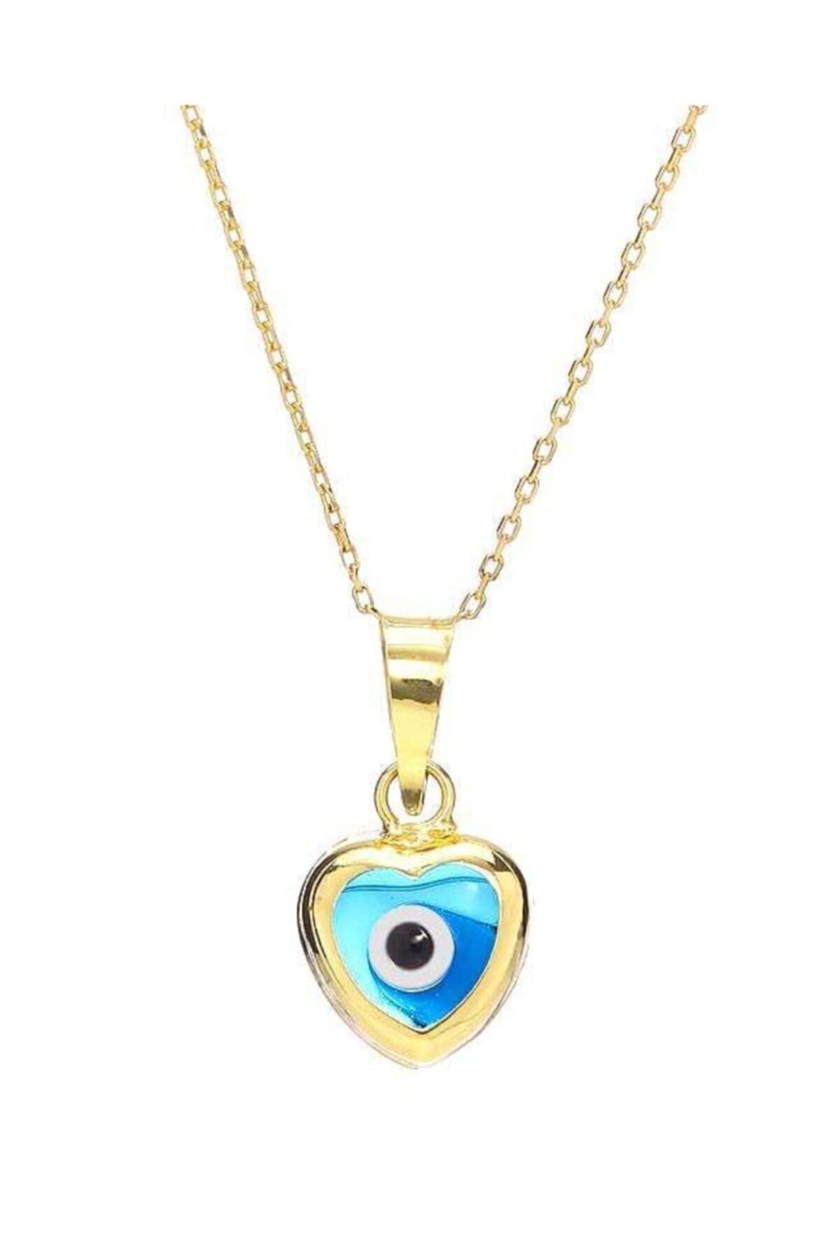 Kadın Sarı 14 Ayar Altın Nazarlı Kalp Kolye