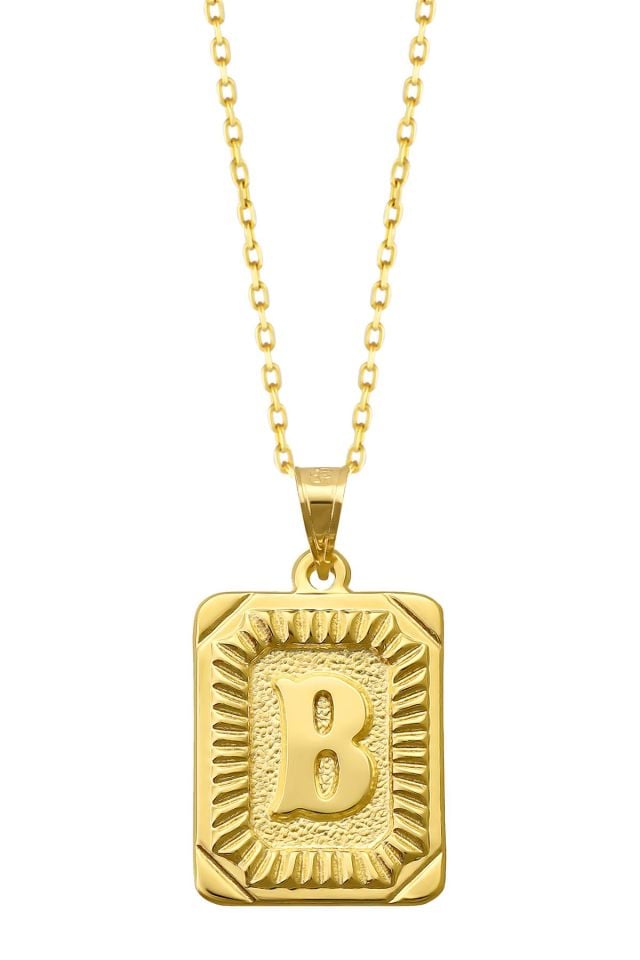 Moom Mücevherat Kadın 14 Ayar Altın Kare Harf Kolye A & Z Harfi Altın Kolye Zincirli Harf Kolye 42 Cm B
