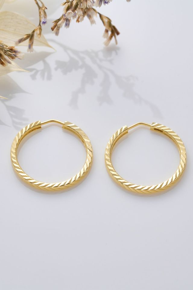 14 Ayar Altın Desenli Gizli Kilit Halka Küpe