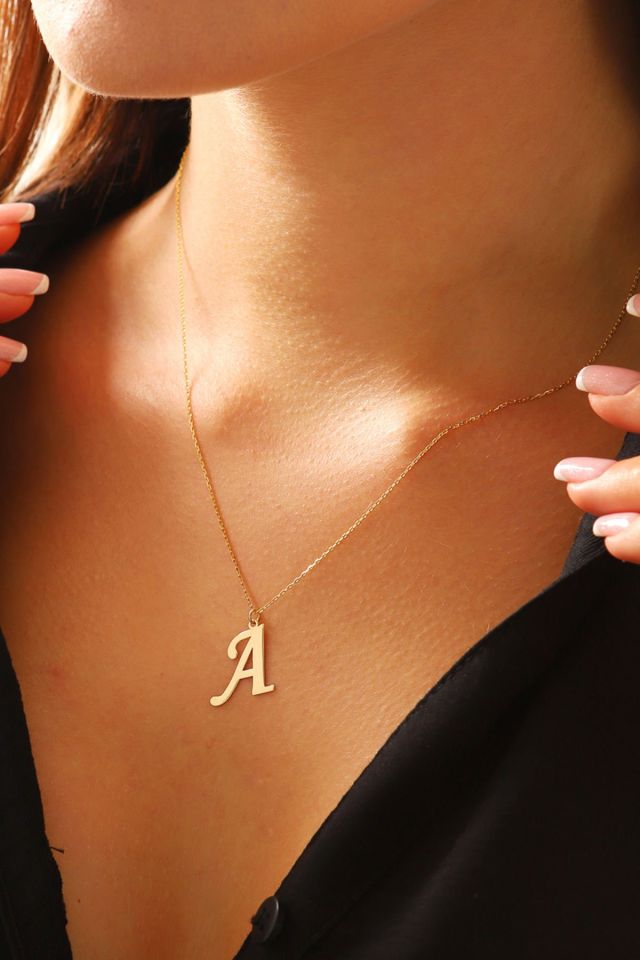 MOOM MÜCEVHERAT Kadın 14 Ayar Altın Harf Kolye El işi A & Z Harfi Altın Kolye Zincirli Harf Kolye 42 Cm A