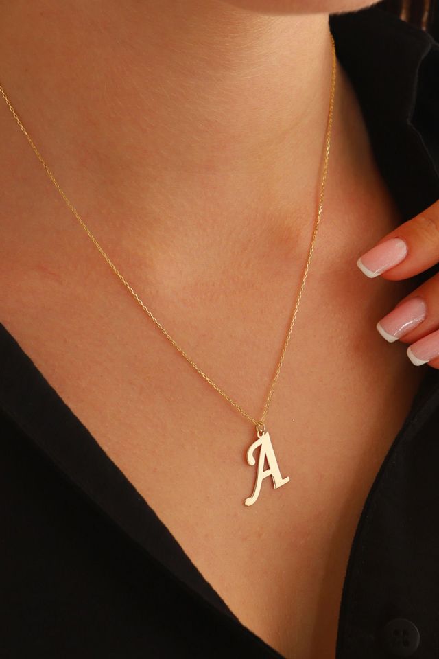 MOOM MÜCEVHERAT Kadın 14 Ayar Altın Harf Kolye El işi A & Z Harfi Altın Kolye Zincirli Harf Kolye 42 Cm A