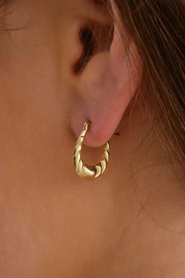 14 Ayar Altın Kalp Desenli U Küpe