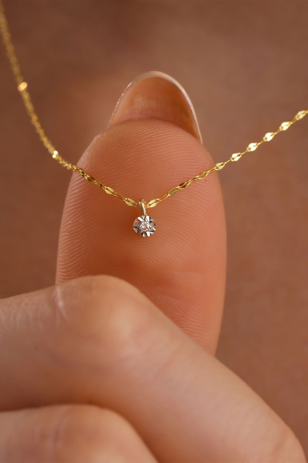 14 Ayar Altın Aynalı Zincir Pırlanta Kolye (40CM,45CM,50CM,55CM,60CM)