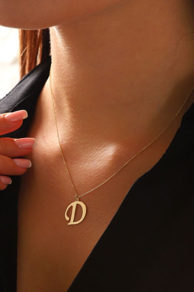 MOOM MÜCEVHERAT Kadın 14 Ayar Altın Harf Kolye El işi A & Z Harfi Altın Kolye Zincirli Harf Kolye 42 Cm D