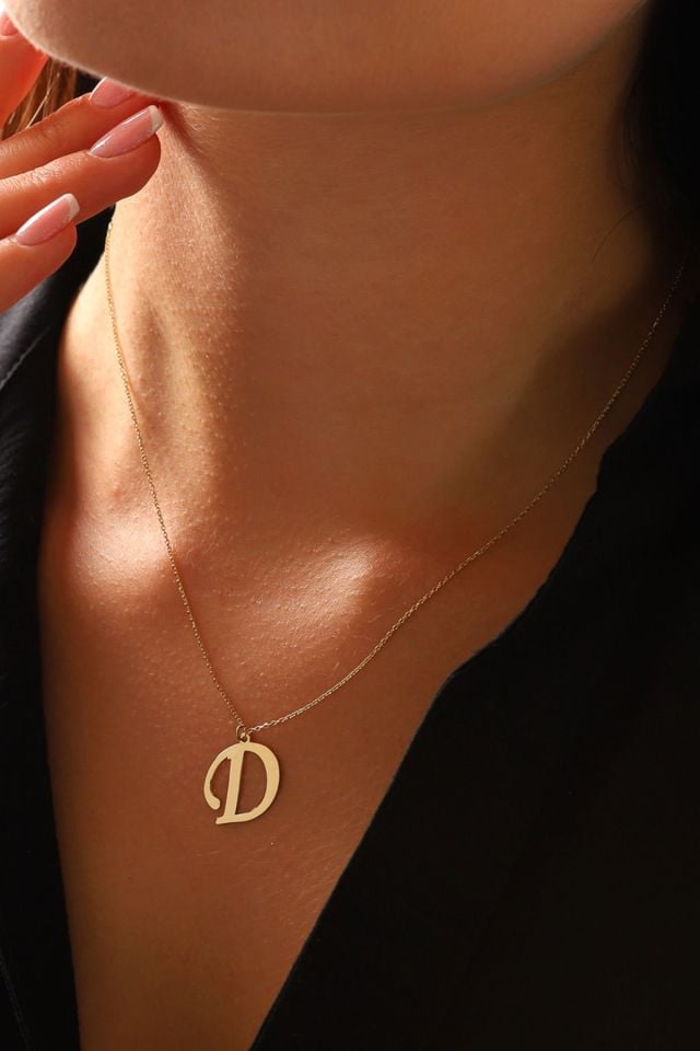 MOOM MÜCEVHERAT Kadın 14 Ayar Altın Harf Kolye El işi A & Z Harfi Altın Kolye Zincirli Harf Kolye 42 Cm D