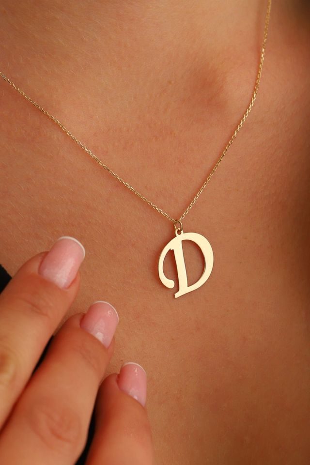 MOOM MÜCEVHERAT Kadın 14 Ayar Altın Harf Kolye El işi A & Z Harfi Altın Kolye Zincirli Harf Kolye 42 Cm D