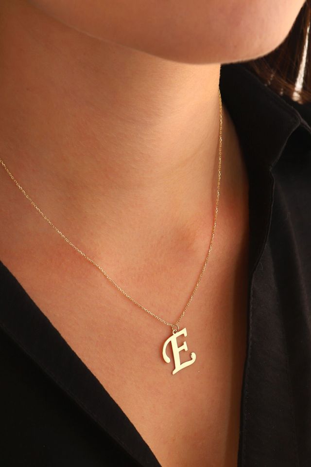MOOM MÜCEVHERAT Kadın 14 Ayar Altın Harf Kolye El işi A & Z Harfi Altın Kolye Zincirli Harf Kolye 42 Cm E