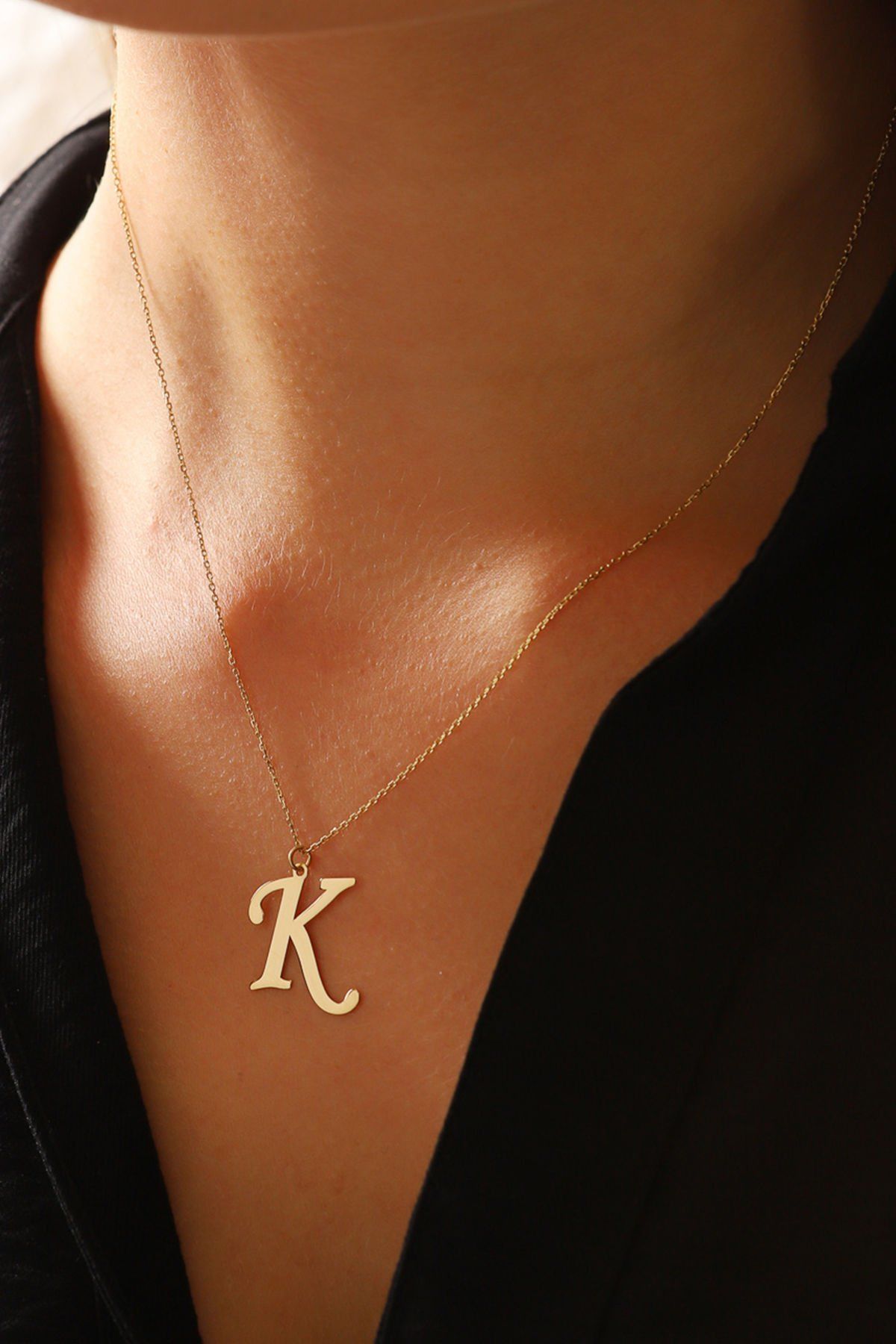 MOOM MÜCEVHERAT Kadın 14 Ayar Altın Harf Kolye El işi A & Z Harfi Altın Kolye Zincirli Harf Kolye 42 Cm K