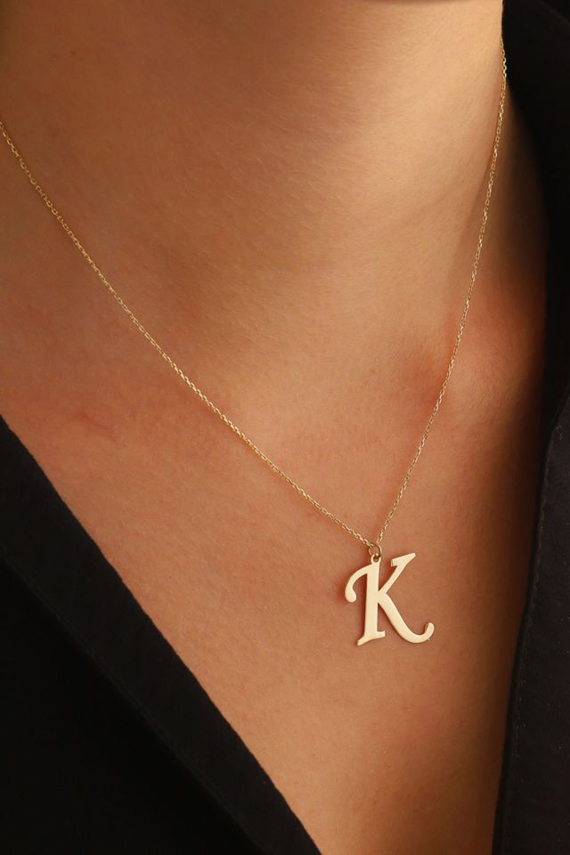 MOOM MÜCEVHERAT Kadın 14 Ayar Altın Harf Kolye El işi A & Z Harfi Altın Kolye Zincirli Harf Kolye 42 Cm K