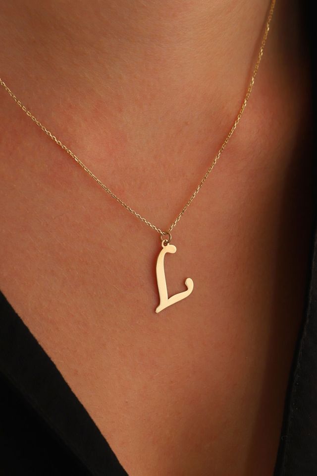 MOOM MÜCEVHERAT Kadın 14 Ayar Altın Harf Kolye El işi A & Z Harfi Altın Kolye Zincirli Harf Kolye 42 Cm L