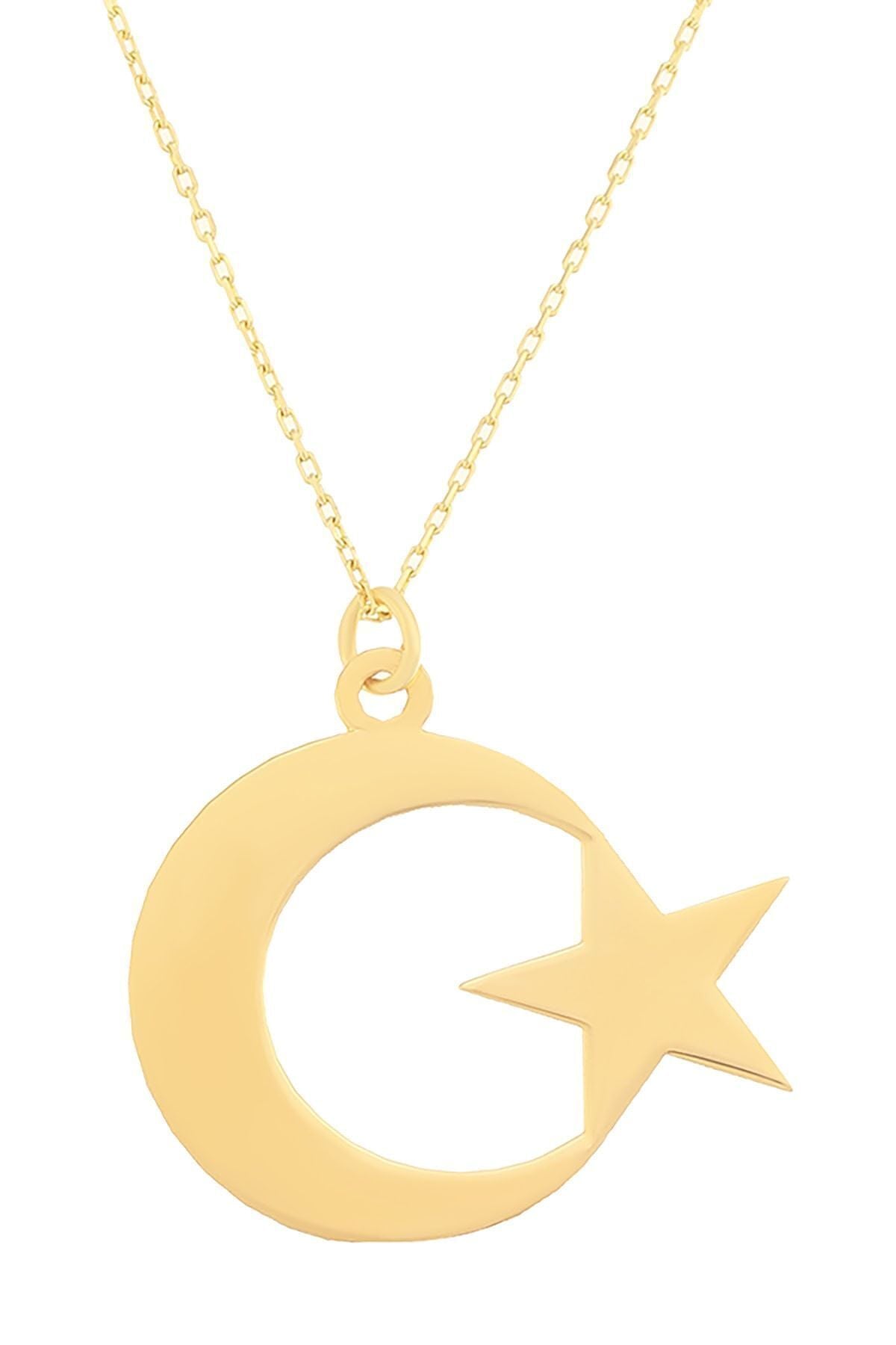 Kadın 14 Ayar Altın 2 cm Ay Yıldız Kolye