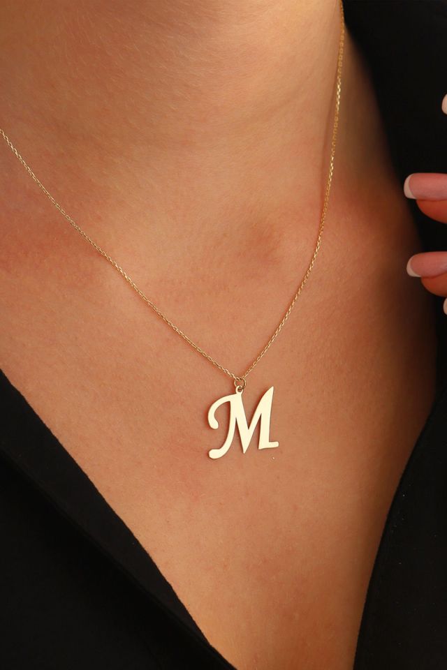 MOOM MÜCEVHERAT Kadın 14 Ayar Altın Harf Kolye El işi A & Z Harfi Altın Kolye Zincirli Harf Kolye 42 Cm M