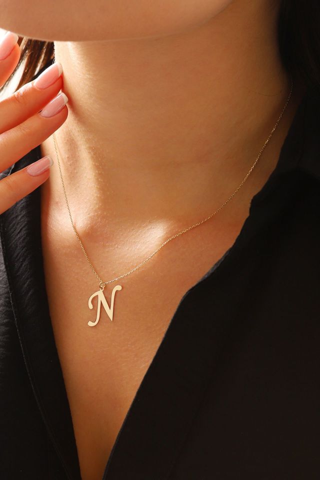 MOOM MÜCEVHERAT Kadın 14 Ayar Altın Harf Kolye El işi A & Z Harfi Altın Kolye Zincirli Harf Kolye 42 Cm N