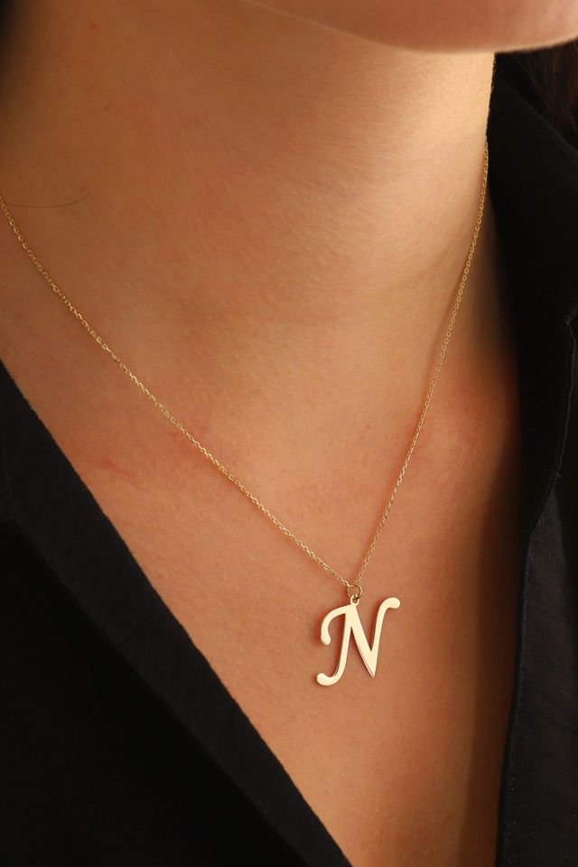MOOM MÜCEVHERAT Kadın 14 Ayar Altın Harf Kolye El işi A & Z Harfi Altın Kolye Zincirli Harf Kolye 42 Cm N
