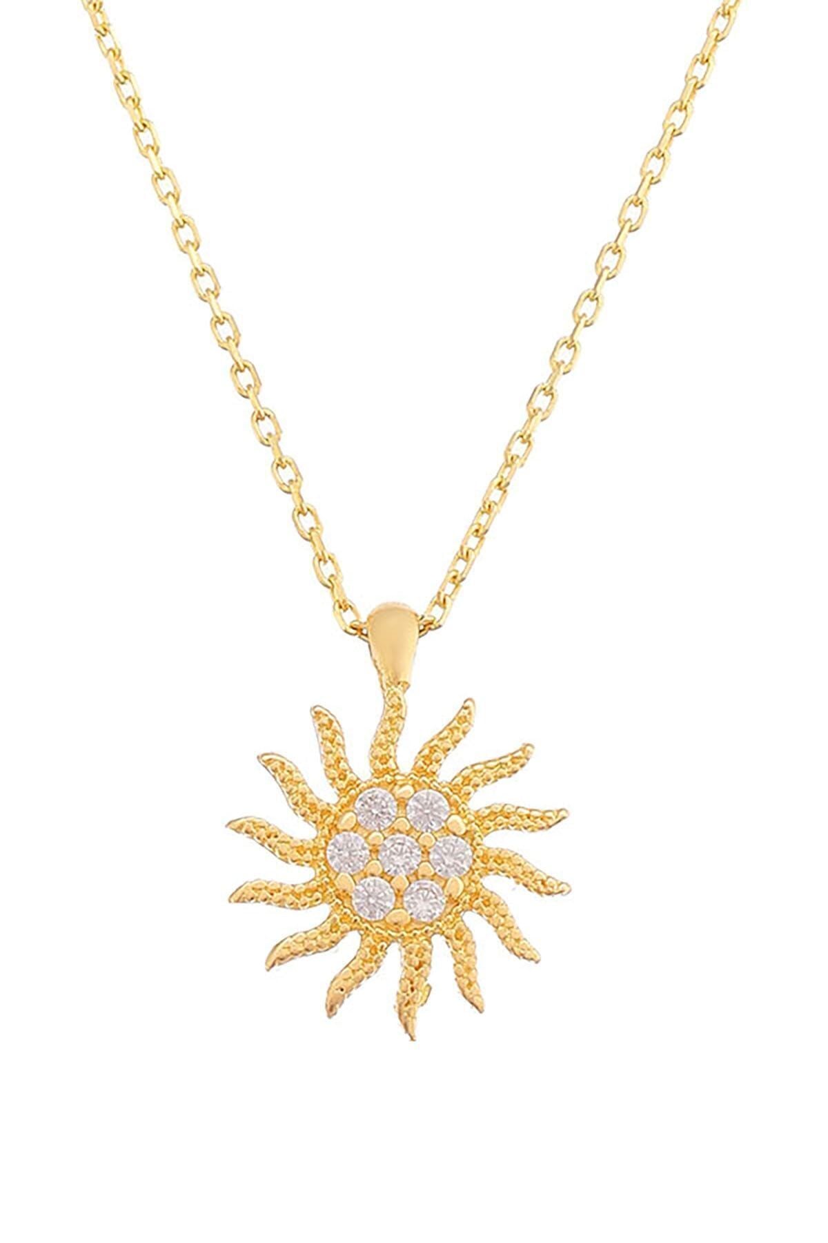 Kadın 14 Ayar Altın Minimal Taşlı Güneş Kolye