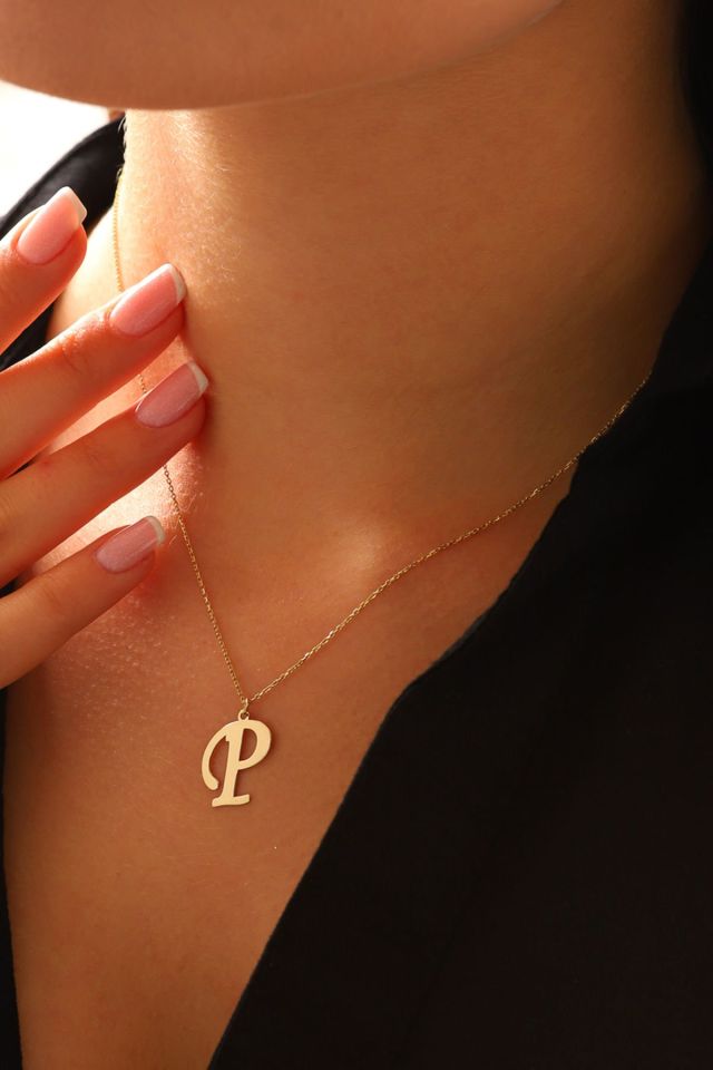 MOOM MÜCEVHERAT Kadın 14 Ayar Altın Harf Kolye El işi A & Z Harfi Altın Kolye Zincirli Harf Kolye 42 Cm P