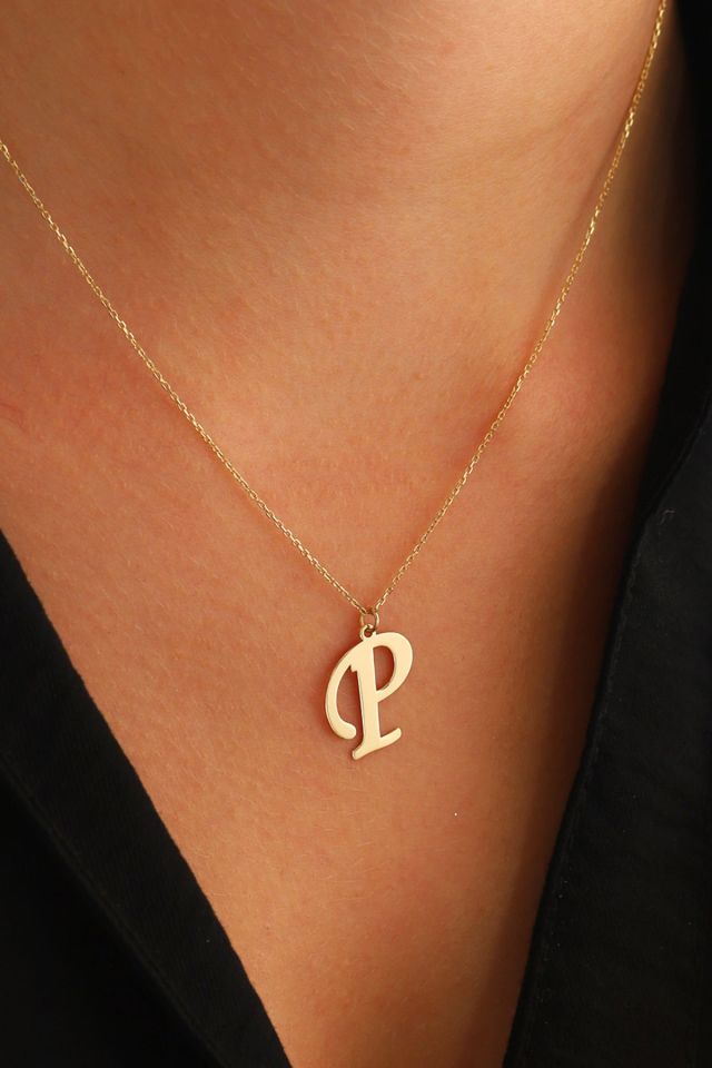 MOOM MÜCEVHERAT Kadın 14 Ayar Altın Harf Kolye El işi A & Z Harfi Altın Kolye Zincirli Harf Kolye 42 Cm P