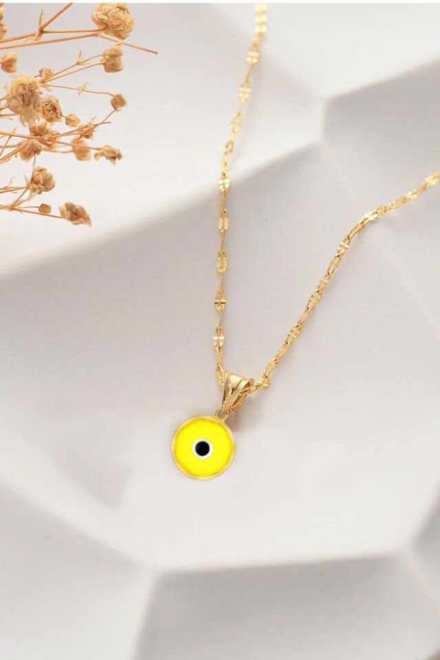 14 Ayar Altın Nazar Gözlü Aynalı Zincirli Kolye Açık Sarı - 60 Cm