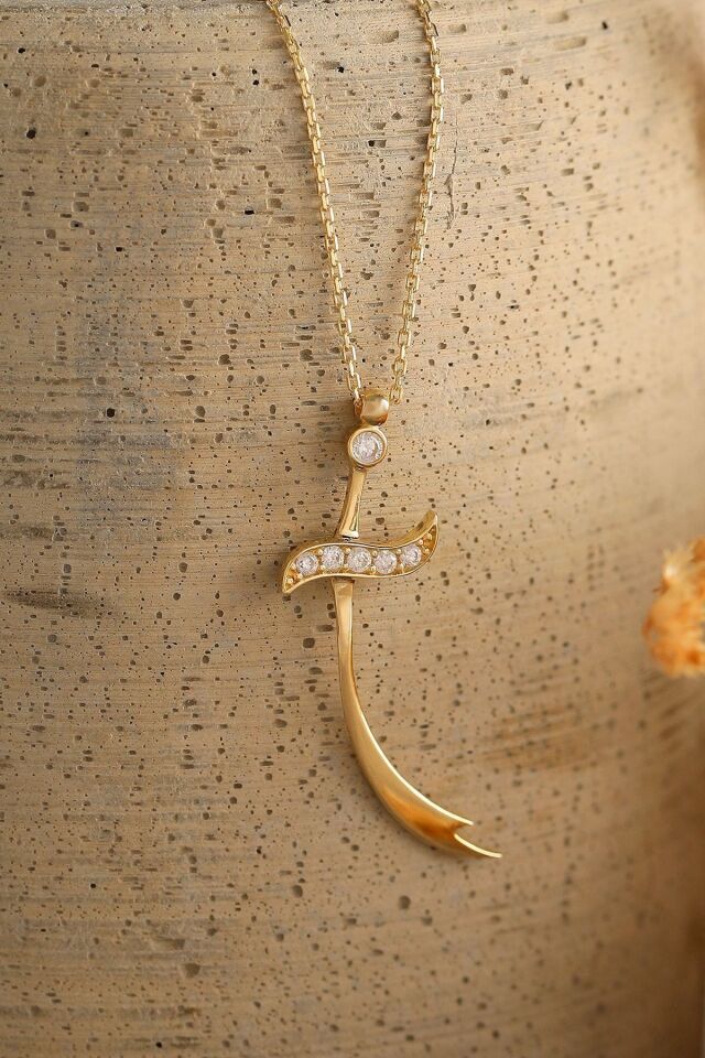 Kadın  Altın Taşlı 3 Cm Zülfikar Kolye 14 Ayar