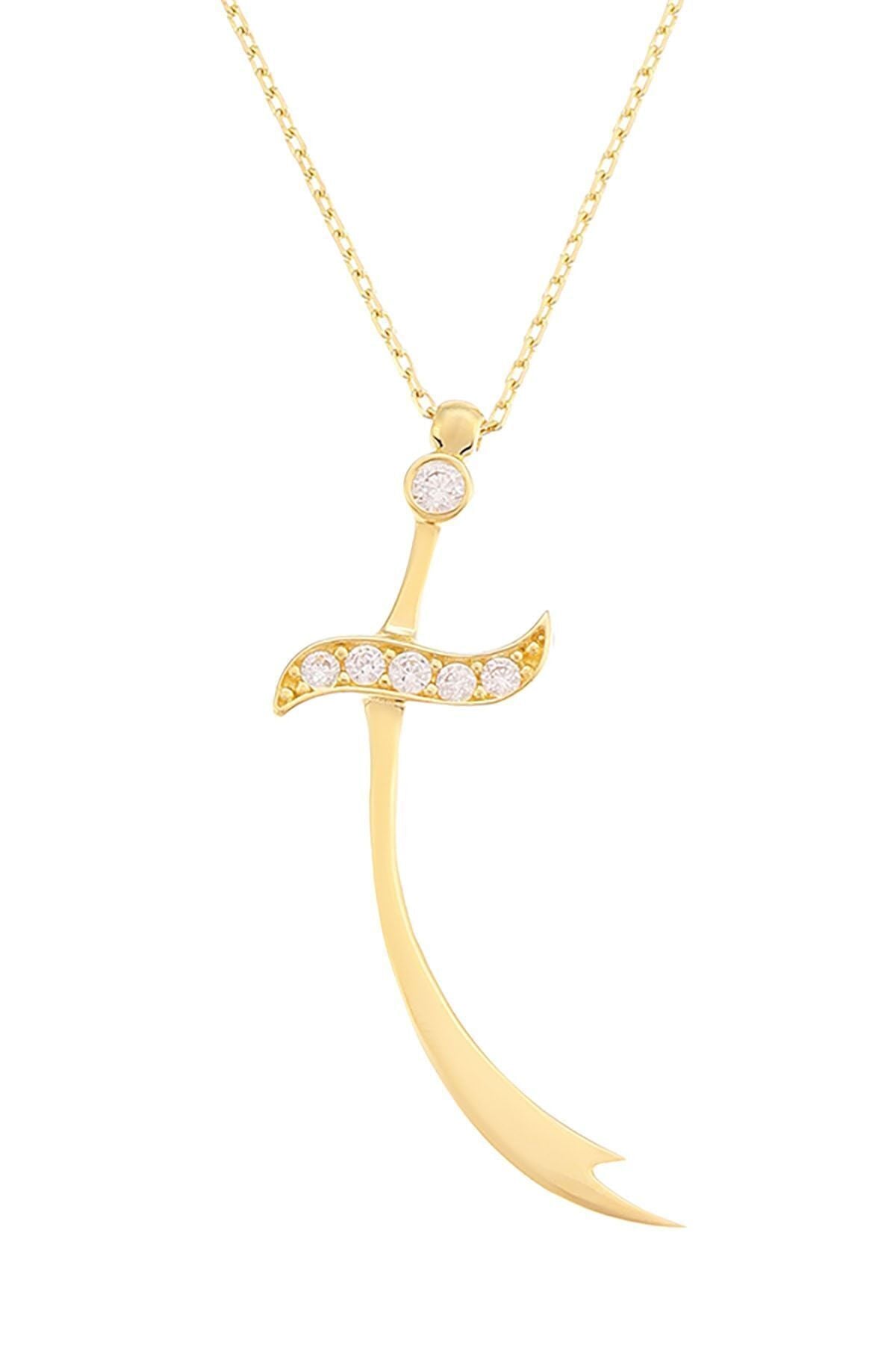 Kadın  Altın Taşlı 3 Cm Zülfikar Kolye 14 Ayar