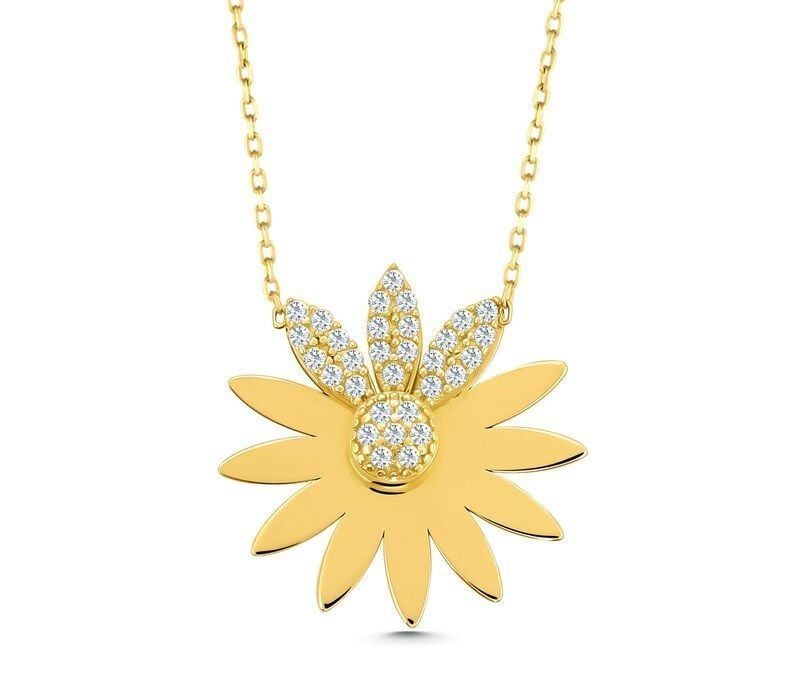 Moom Mücevherat Kadın 14 Ayar Altın Taşlı Çiçek Papatya Kolye ''45 cm''