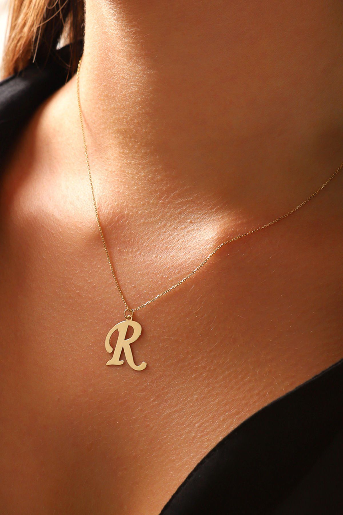 MOOM MÜCEVHERAT Kadın 14 Ayar Altın Harf Kolye El işi A & Z Harfi Altın Kolye Zincirli Harf Kolye 42 Cm R