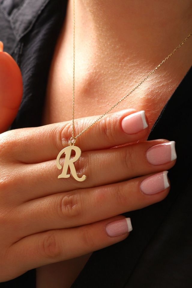 MOOM MÜCEVHERAT Kadın 14 Ayar Altın Harf Kolye El işi A & Z Harfi Altın Kolye Zincirli Harf Kolye 42 Cm R