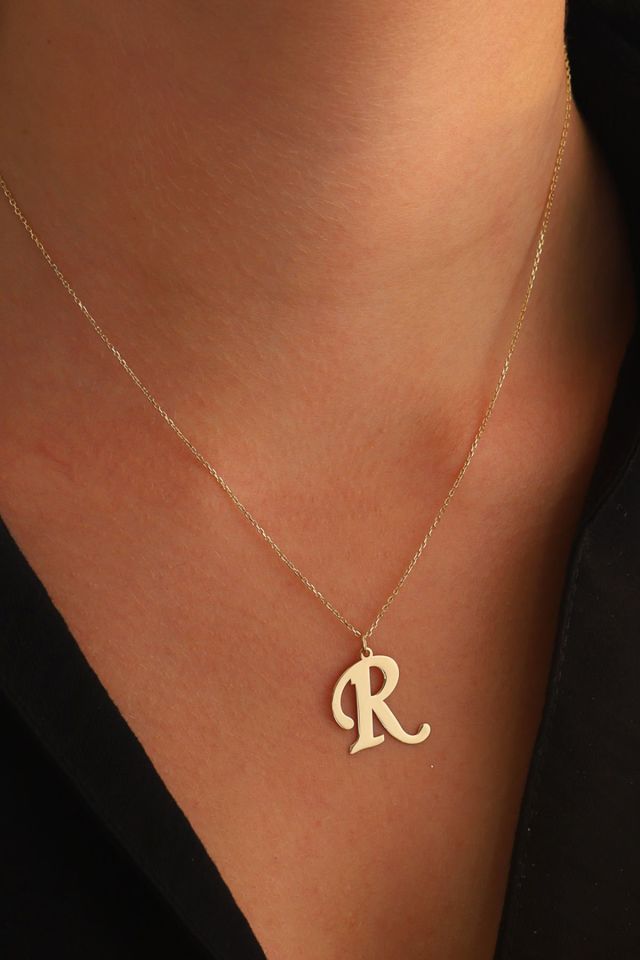 MOOM MÜCEVHERAT Kadın 14 Ayar Altın Harf Kolye El işi A & Z Harfi Altın Kolye Zincirli Harf Kolye 42 Cm R