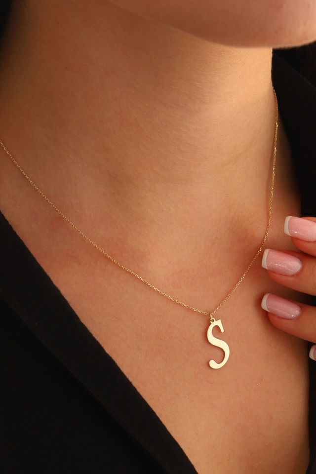 MOOM MÜCEVHERAT Kadın 14 Ayar Altın Harf Kolye El işi A & Z Harfi Altın Kolye Zincirli Harf Kolye 42 Cm S