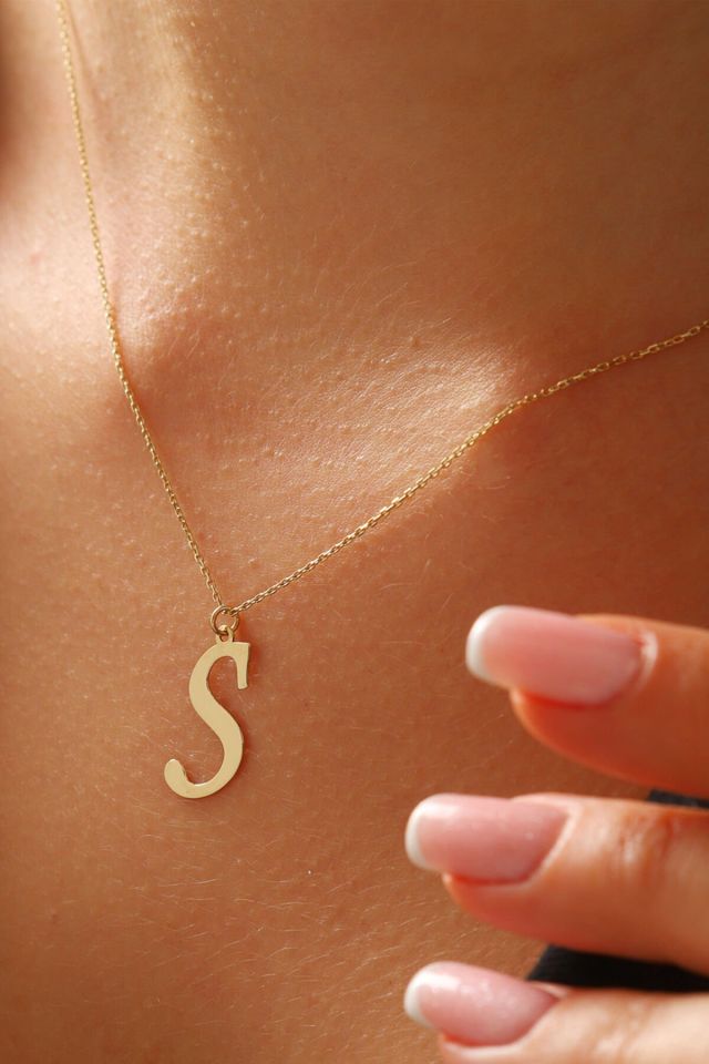 MOOM MÜCEVHERAT Kadın 14 Ayar Altın Harf Kolye El işi A & Z Harfi Altın Kolye Zincirli Harf Kolye 42 Cm S