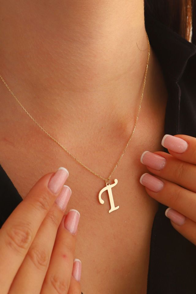 MOOM MÜCEVHERAT Kadın 14 Ayar Altın Harf Kolye El işi A & Z Harfi Altın Kolye Zincirli Harf Kolye 42 Cm T