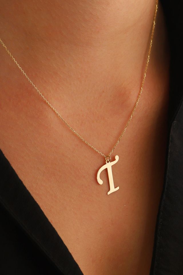 MOOM MÜCEVHERAT Kadın 14 Ayar Altın Harf Kolye El işi A & Z Harfi Altın Kolye Zincirli Harf Kolye 42 Cm T
