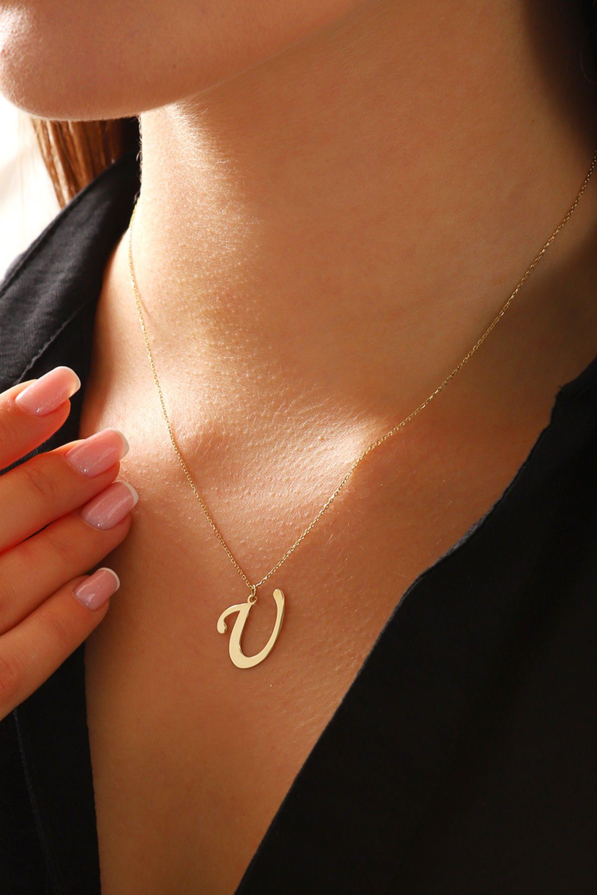 MOOM MÜCEVHERAT Kadın 14 Ayar Altın Harf Kolye El işi A & Z Harfi Altın Kolye Zincirli Harf Kolye 42 Cm U