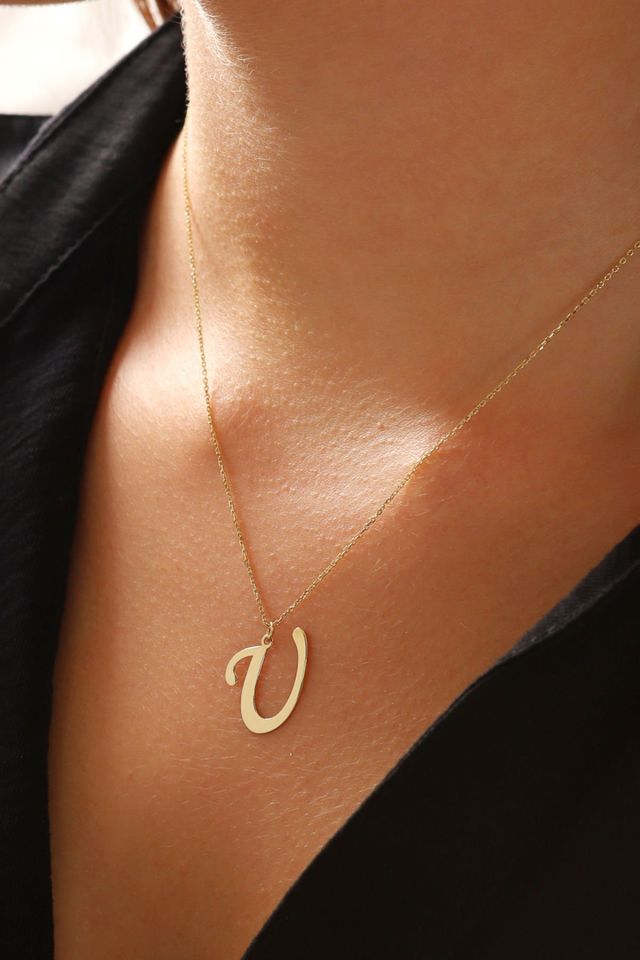 MOOM MÜCEVHERAT Kadın 14 Ayar Altın Harf Kolye El işi A & Z Harfi Altın Kolye Zincirli Harf Kolye 42 Cm U