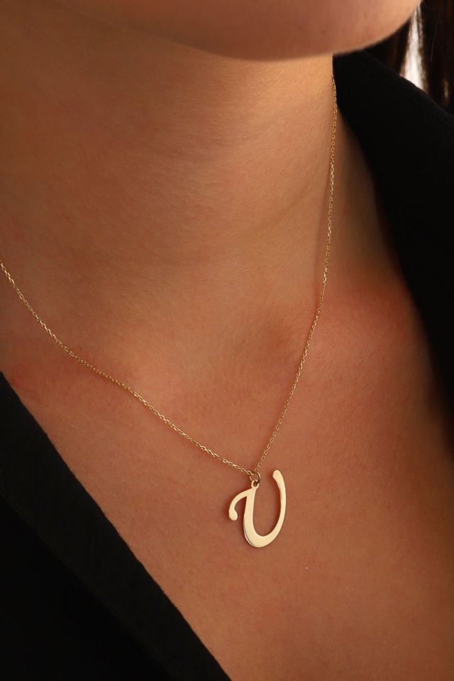 MOOM MÜCEVHERAT Kadın 14 Ayar Altın Harf Kolye El işi A & Z Harfi Altın Kolye Zincirli Harf Kolye 42 Cm U