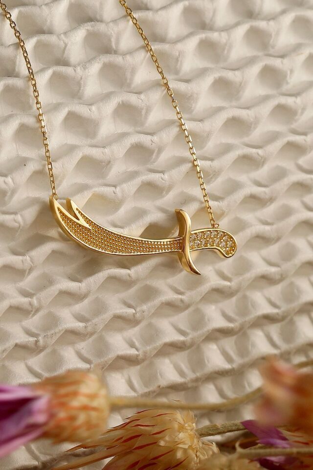 Kadın 14 Ayar Altın Taşlı Zülfikar Kolye