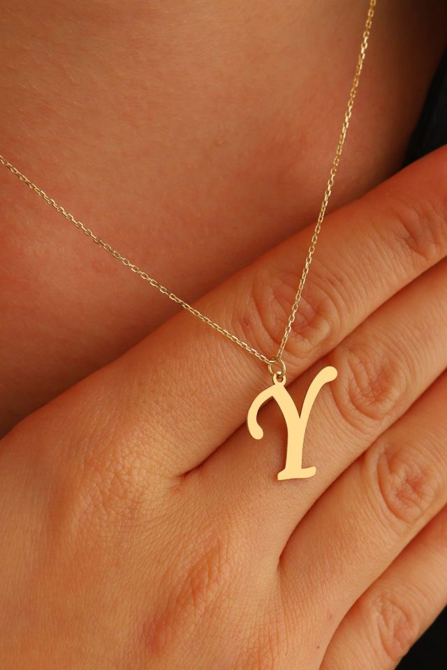 MOOM MÜCEVHERAT Kadın 14 Ayar Altın Harf Kolye El işi A & Z Harfi Altın Kolye Zincirli Harf Kolye 42 Cm Y