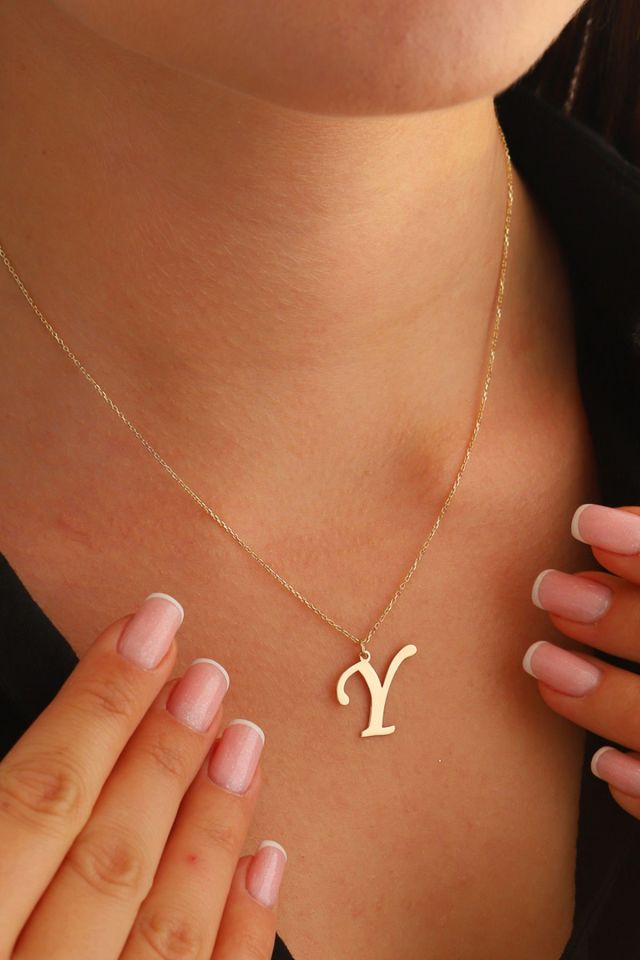 MOOM MÜCEVHERAT Kadın 14 Ayar Altın Harf Kolye El işi A & Z Harfi Altın Kolye Zincirli Harf Kolye 42 Cm Y