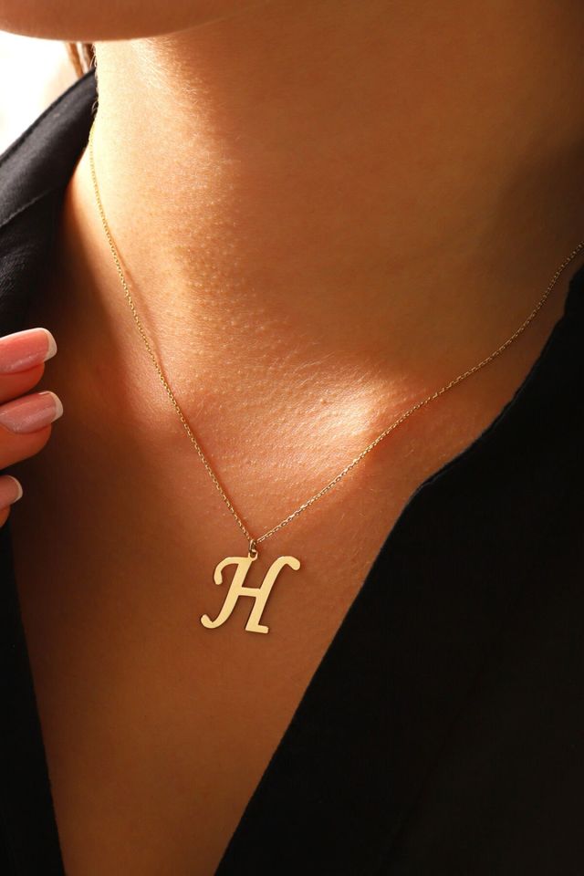 MOOM MÜCEVHERAT Kadın 14 Ayar Altın Harf Kolye El işi A & Z Harfi Altın Kolye Zincirli Harf Kolye 42 Cm H