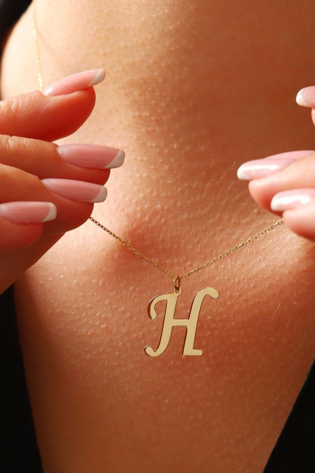 MOOM MÜCEVHERAT Kadın 14 Ayar Altın Harf Kolye El işi A & Z Harfi Altın Kolye Zincirli Harf Kolye 42 Cm H